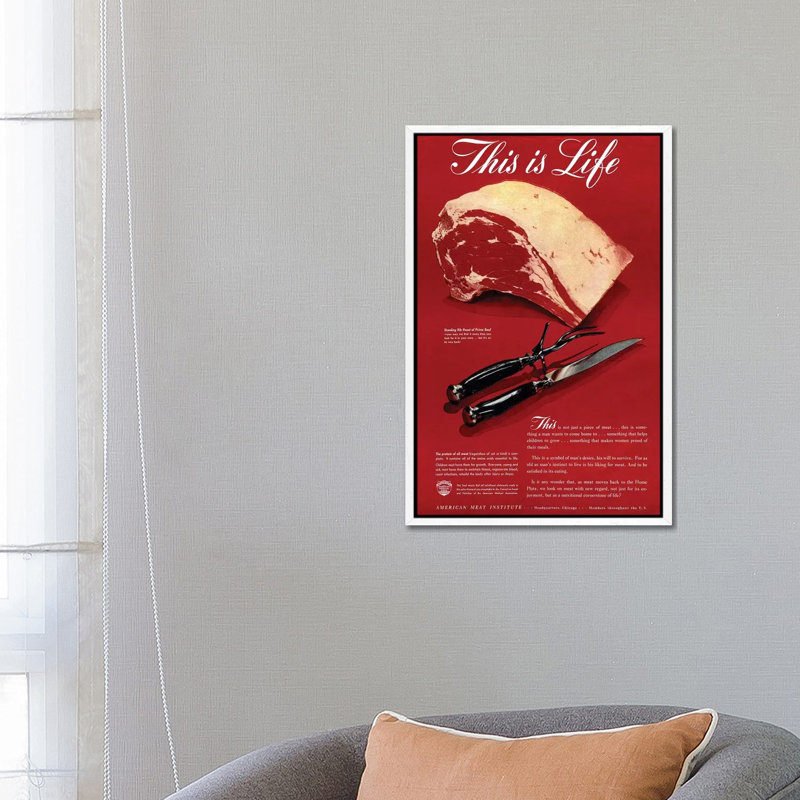 1940s American Meat Institute Beef Magazine Advert - Print on Canvas, 66.04cm H x 45.72cm W x 3.81cm D, White Floater Framed