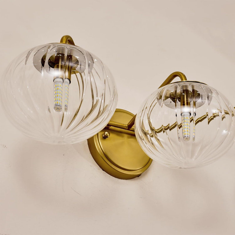 Contemporary Bathroom Vanity Light Fixture with Ribbed Clear Glass Globe Shades, 2 Lights, Brushed Gold