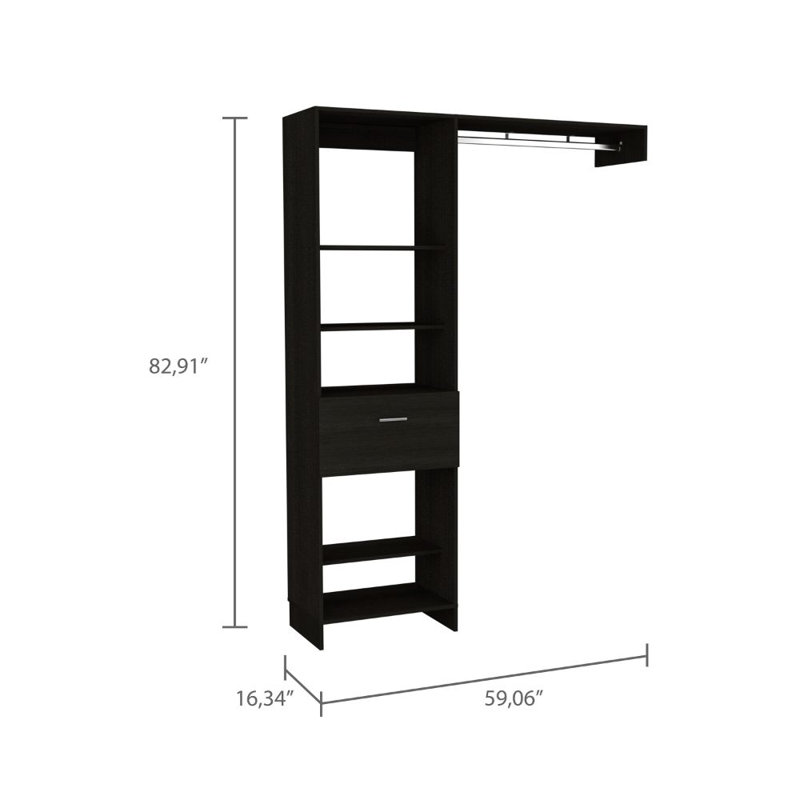 Manchester 150 Closet System with Metal Rod, 5 Open Shelves, and 1 Drawer, Black