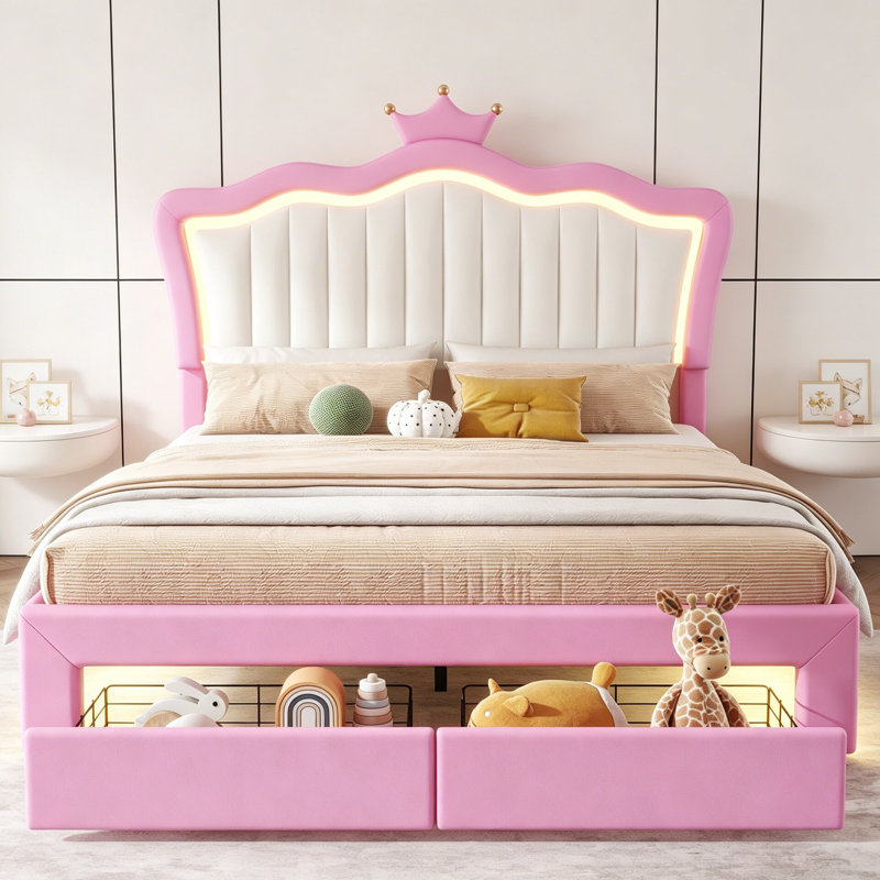 Full Size Upholstered Bed Frame With LED Lights, Modern Upholstered Princess Bed With Crown Headboard, 2 Drawers, Pink+White