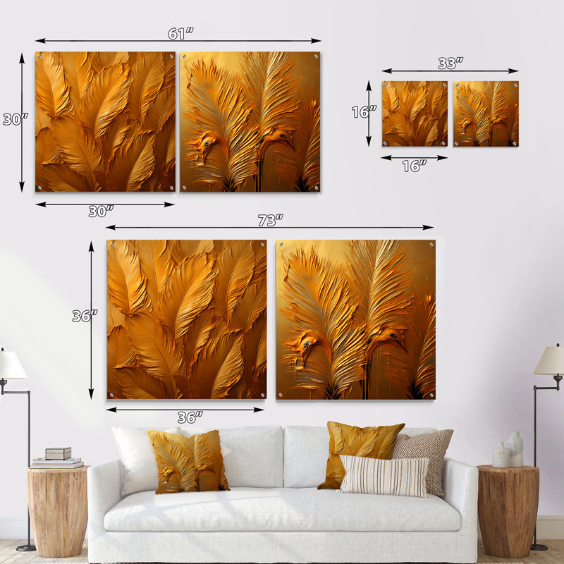 Golden Feathers - ensemble de 2 verres muraux en acrylique, H 16 po x l 33 po