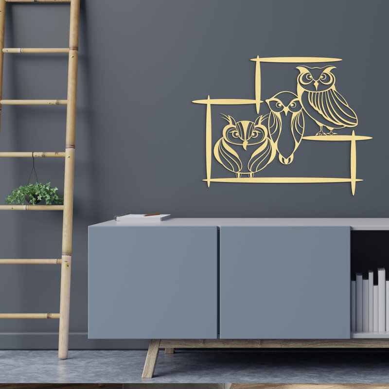 Three Owls Metal Wall Art, Geometric Owl Family Decor, Modern Living Room Hanging, Nursery Wall Art, Housewarming Gift for Owl Lovers