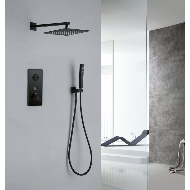 Digital Display Concealed Thermostatic Complete Shower System with Rough-in Valve Rain Shower Heads, Matte Black