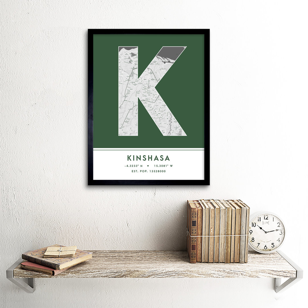 Kinshasa City Map Kinshasa Green by Wee Blue Coo - Single Picture Frame Typography