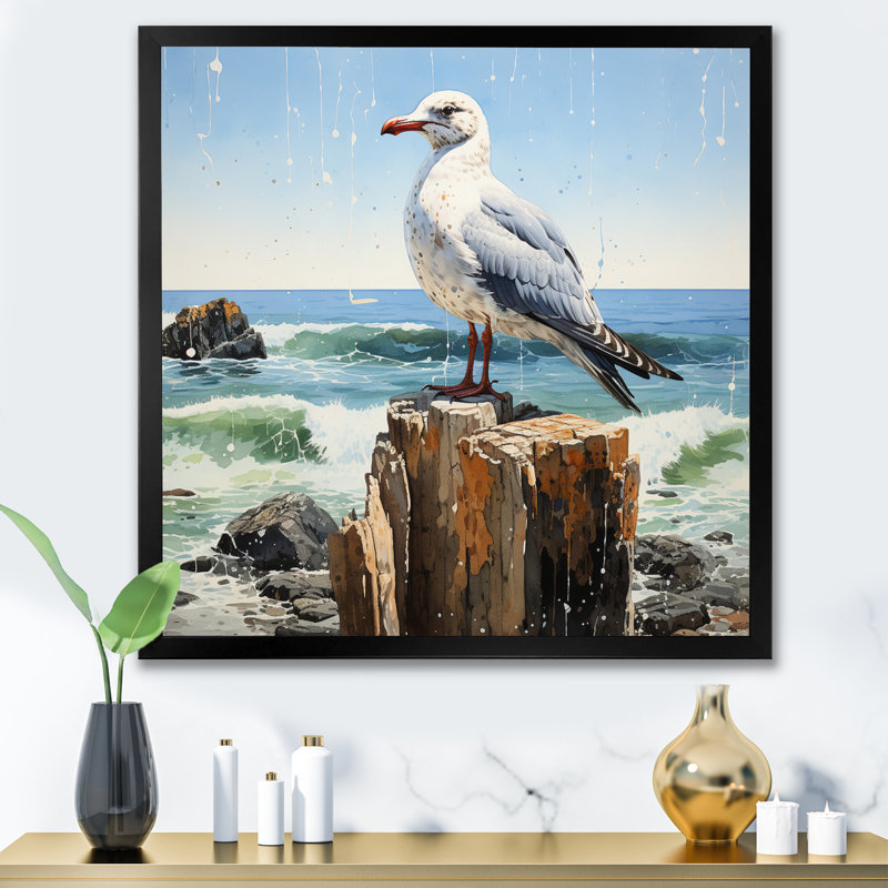 Seagull Solitude Pointillism II - impression, Cadre photo noir, H 30 po x l 30 po x P 1 po