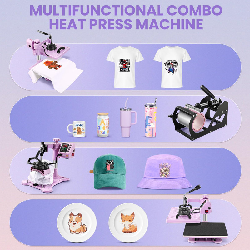8 in 1 Heat Press Machine 12" x 15" Digital Multifunction Shirt Transfer Machine for DIY T-Shirt Hat Cap Mug Plate, Pink