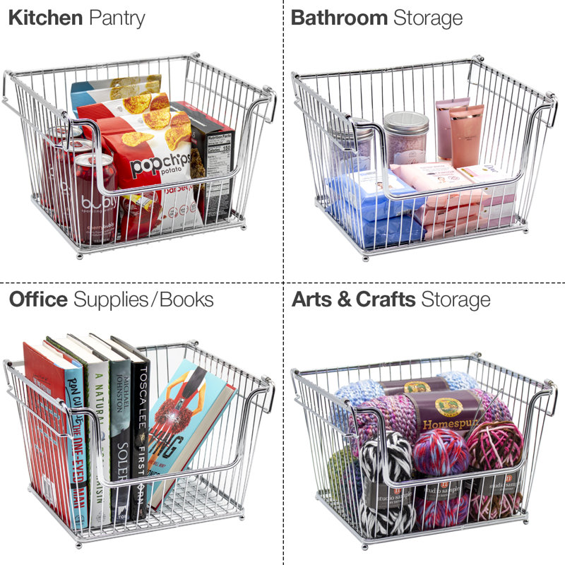 Sorbus MTL-BSKT6 6 Pack Stackable Metal Storage Basket with Handles in Silver, Silver