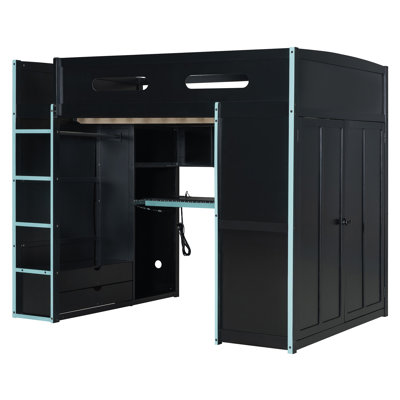 Lit mezzanine double en bois avec bureau, lumière RVB et alimentation USB