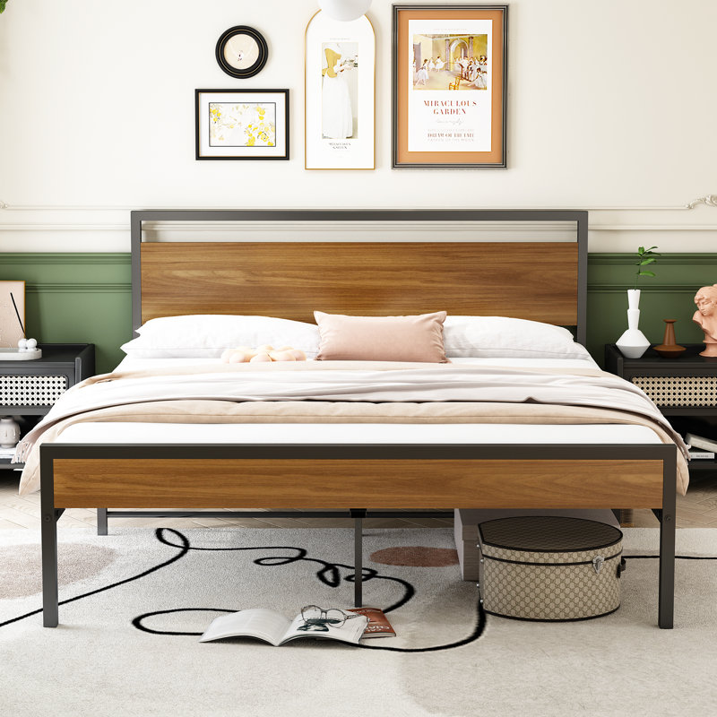 Queen Size Bed Frame with Wood Headboard & Footboard - Industrial-Modern Steel Platform Base, 1000lbs Capacity, Fits 84" L x 63" W Mattress, Easy Assembly & Noise Free Design