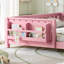 Lit grand pour enfants avec bibliothèque intégrée, garde-corps de sécurité, structure en bois de pin massif, lit à profil bas rose Montessori, rose-129596006