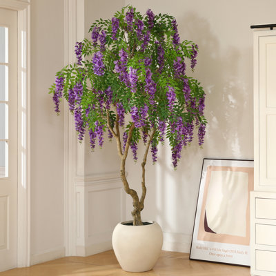 Adcock 8ft Artificial Flower Tree with 18in White Planter, Tall Faux Matthiola incana Trees