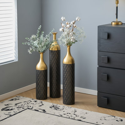 Black and Gold Tall Metal Floor Vase