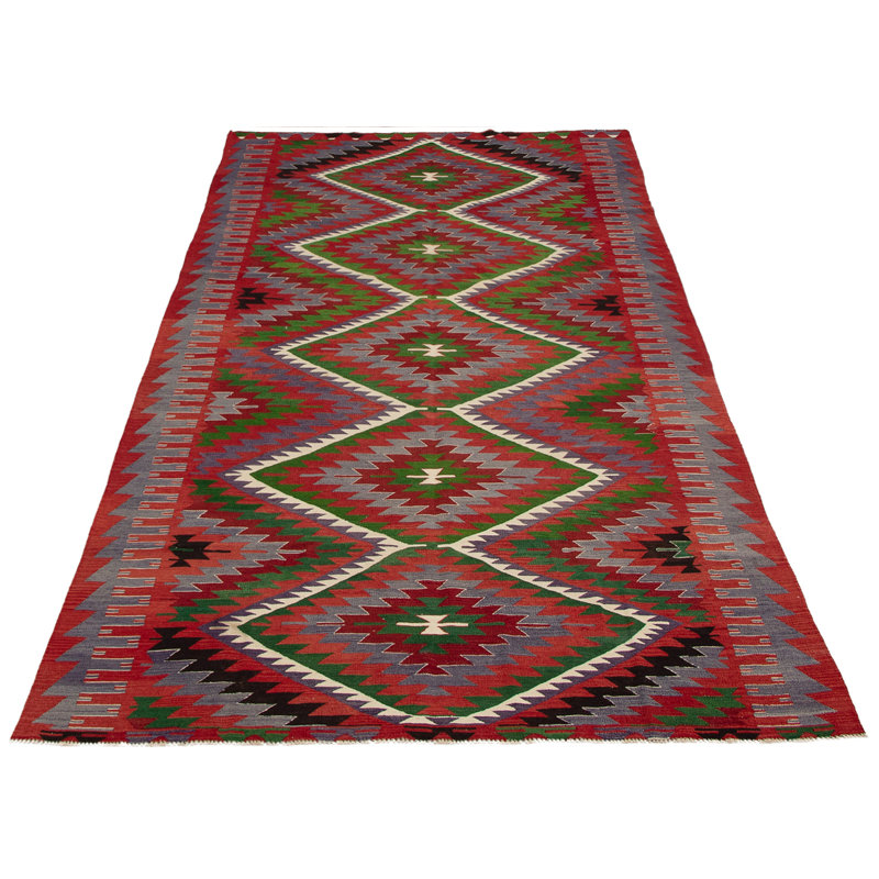 Tapis noir / rouge / vert en laine fabriqué à la main de conception unique 5 pi 11 po x 11 pi 8 po Politte