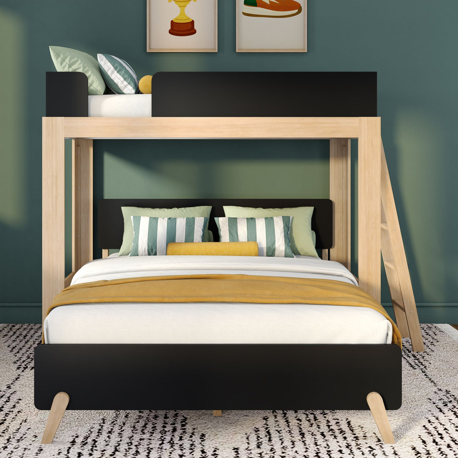 Ambur Solid Wood L-Shaped Bunk Beds by Isabelle & Max, Twin over Queen, Black/Blonde