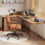 Bureau en coin brun en bois massif en forme de L-108349343-108349342