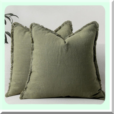 Green Linen Fringe Pillow Covers - Set of 2 Throw Pillows for Living Room Sofa Bed. Farmhouse Xmas Winter Decorative Cushion Covers with Boho Style.
