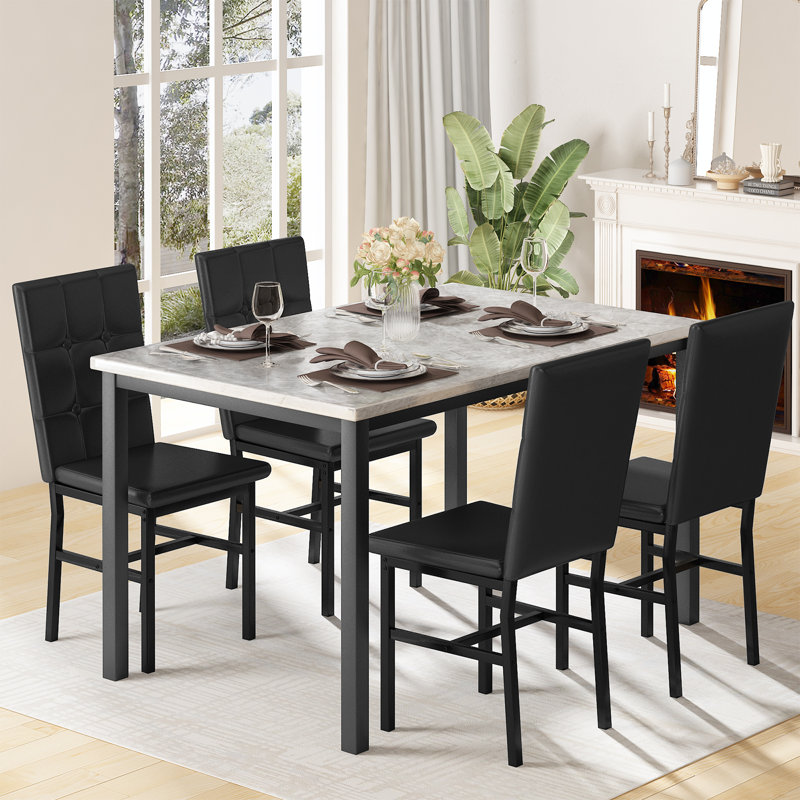 Modern Faux Marble Dining Table Set with Gray Velvet Chairs