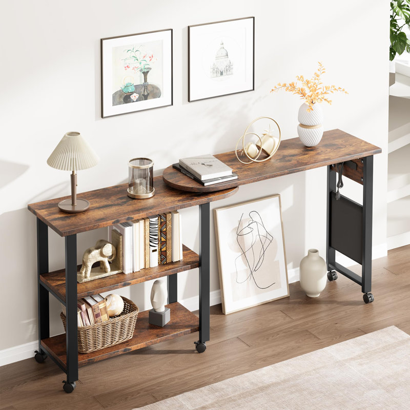 360° Rotating Sofa Side Table with Charging Station, Swivel End Table Featuring Extra Storage Bag and 6 Lockable Swivel Wheels for Bedroom and Living Room
