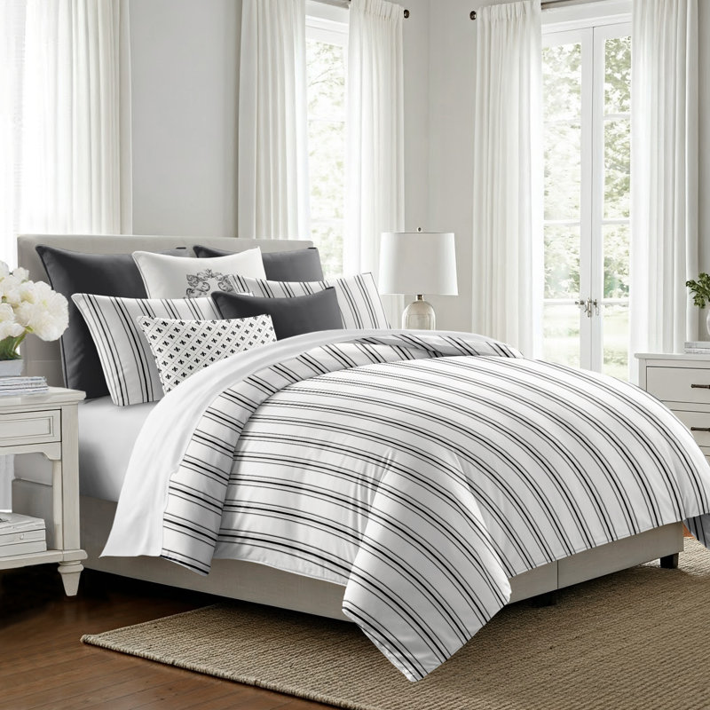 August Stripe Reversible Cotton Duvet Cover Set, Cal.King Duvet Cover + 2 King Shams, Ebony
