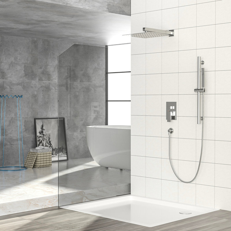 Douche carrée murale de 12 pouces au fini nickel brossé - barre coulissante réglable, soupape équilibrée et contenu portatif en pièce