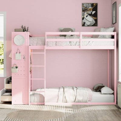 Lit superposé simple rose avec rangement double, bande et 4 tiroirs, idéal pour les tiroirs de rangement d'appartements, bande de rail suspendue, décoration intérieure trois couleurs