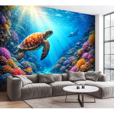 Papier peint adhésif pelez et collez Tortue de mer, récifs coralliens, raie manta, poisson coloré, autocollant tropical amovible, papier contact mural pour salon, chambre à coucher H 100 po x l 144 po