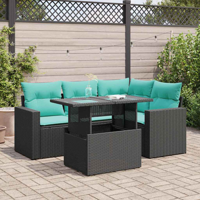  5 Piece Patio Sofa Set With Cushions Poly Rattan Acacia, Black, Green