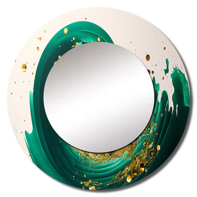«Shelbe Green and Gold Crashing Waves IV», miroir mural décoratif à spirales abstraites, miroir rond vert, impression sur métal