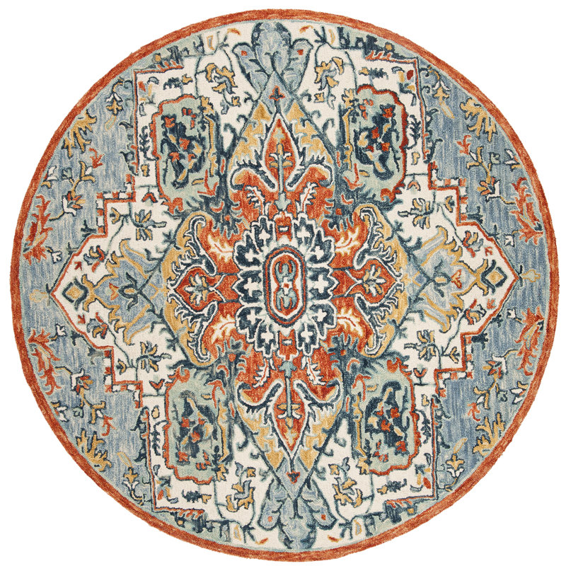 Blue and Rust Round Tufted Wool Floral Rug