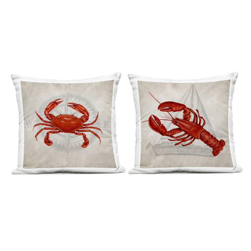 Ensemble de 2 coussins d'extérieur imprimés Lobster and Crab Compass, design par Kim Allen