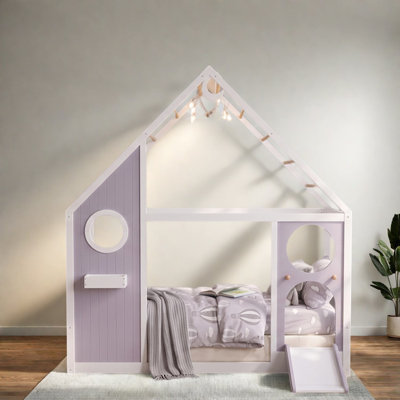 Lits jumeaux amusants, structure de maison en bois MDF avec glissade et lumières, chambre d'enfant