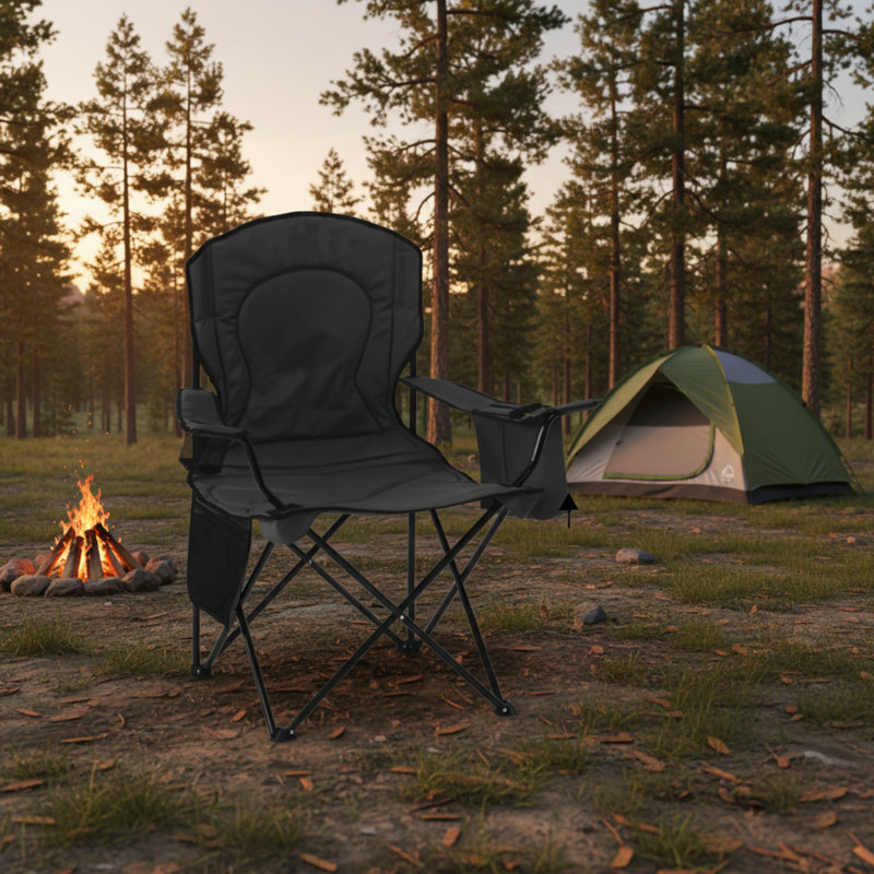 Portable Camping Chair With 4 Insulated Beverage Cooler, Padded Seat, Backrest, Side Pockets, Cup Holder, And Free Storage Bag. Suitable For Camping, Picnics, And Patios. Black.