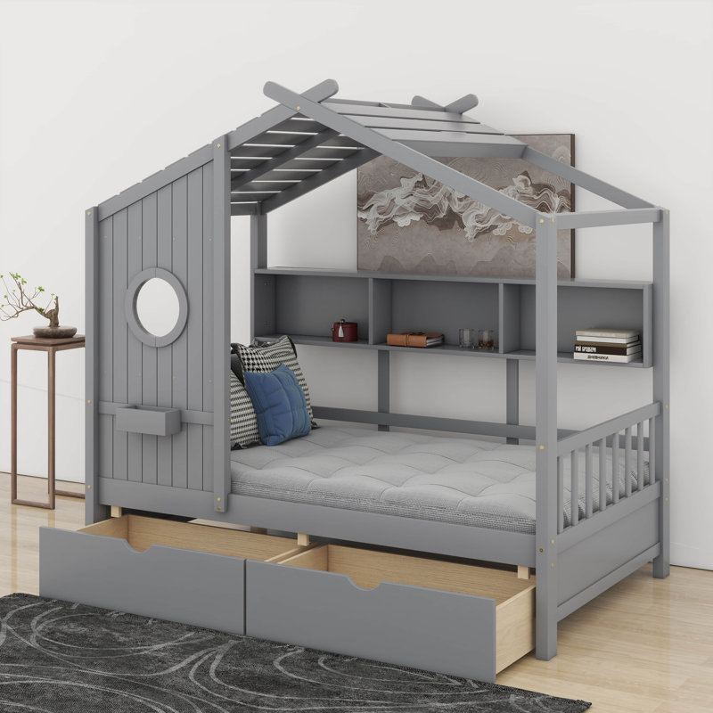 Lit en bois avec tiroirs, Gris, Double