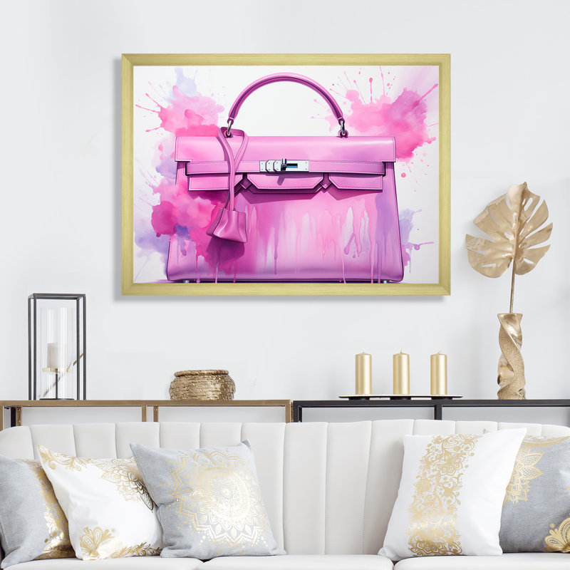 Sac à main rose «Elegance» - art mural, Cadre doré à coins fermés, H 24 po x l 32 po x P 1 po