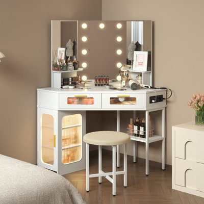 Chantle Vanity Modern Dressing Table, Featuring 11 Hollywood-style Bulbs And Three-color Light Sensor