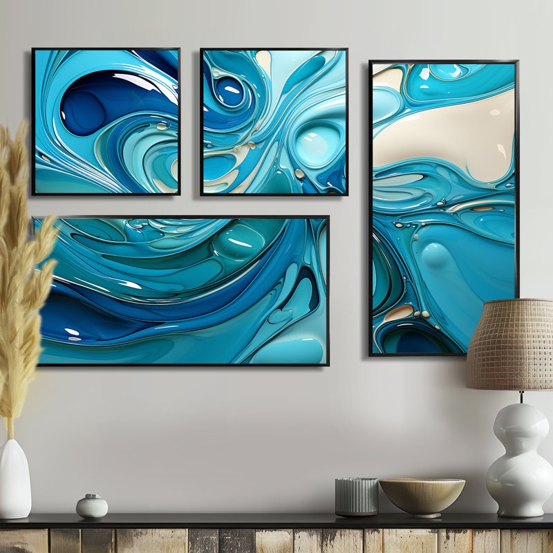 Blue Fluid Grind II - art mural moderne 4 panneaux, Noir, Impression encadrée sans passe-partout