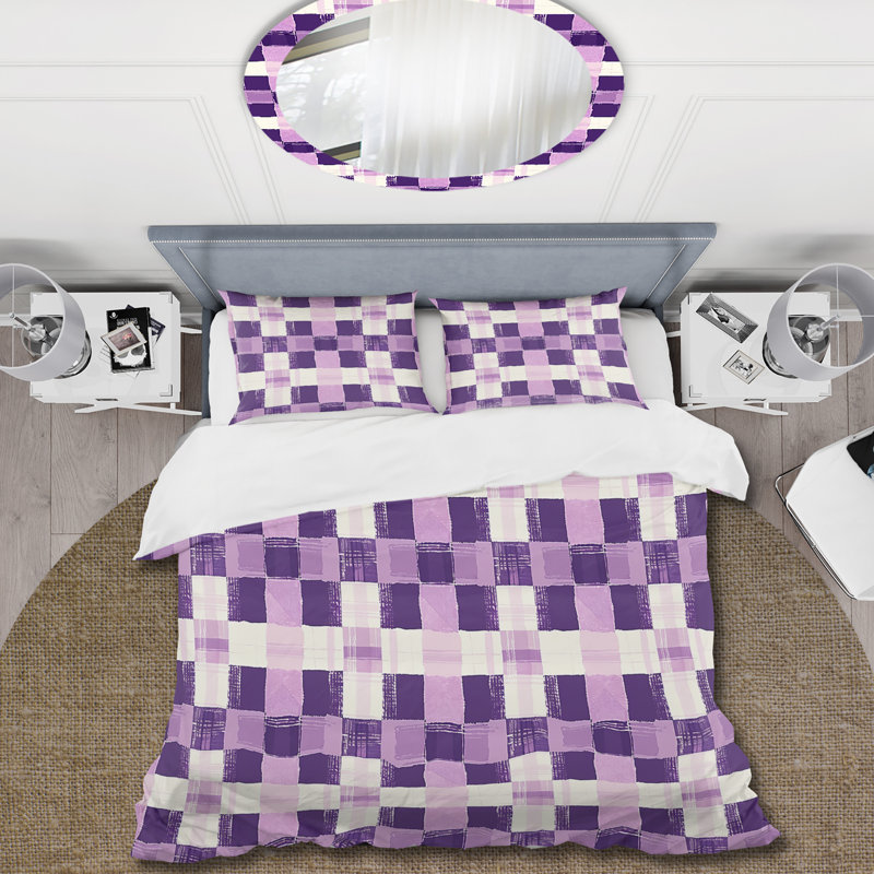 Ensemble de housse de couette mauve et blanc Mid-Century Gingham, Housse de couette très grand + 2 taies décorativ