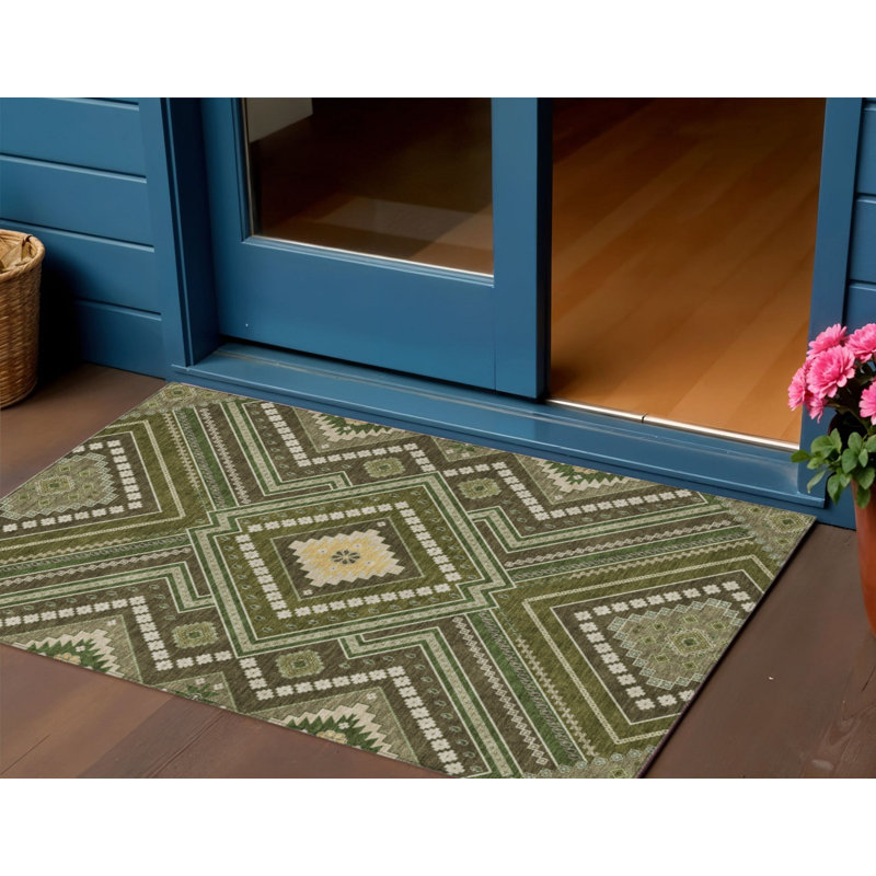 Tapis vert olive tribal intérieur lavable 3 pi x 5 pi
