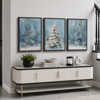 Blue Christmas Tree Forest Artwork, Living Room Pictures, Framed Canvas Giclee Print 3 Pieces Wall Art - 16"x24"x3pcs, 24"x36"x3pcs
