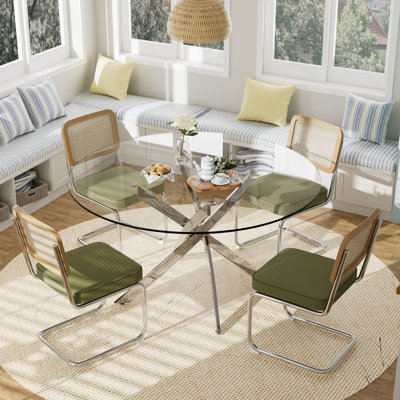 Ensemble de table de salle à manger à piédestal 5 pièces avec chaises rembourrées en rotin
