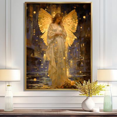 Golden Angel Caring Wings - Wings Angel Wall Art Living Room