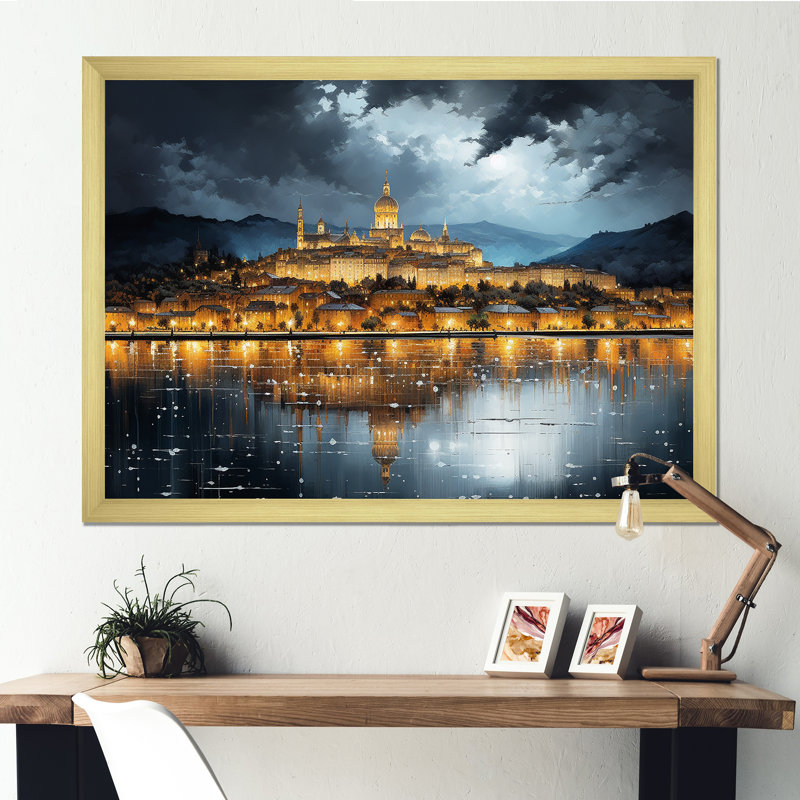 Ville française de Lyon, paysage sur toile, Cadre doré simple, H 30 po x l 40 po x P 1,5 po
