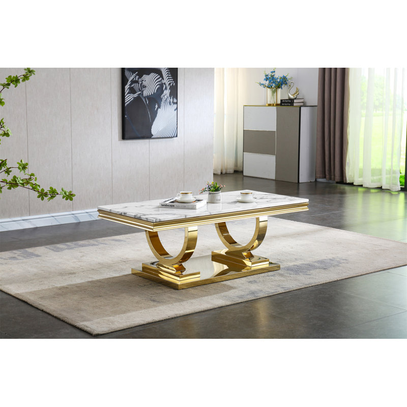 Coutee 47"L Coffee Table with Double Pedestal Base and Marble Top, White, Gold