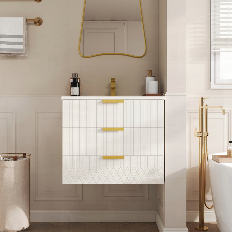 Meuble-lavabo mural moderne avec double tiroir en céramique, Blanc