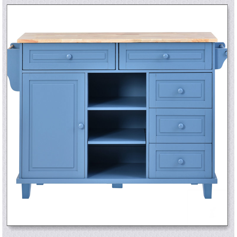 Chariot de cuisine avec îlot de cuisine mobile en bois d'hévéa avec rangement et 5 tiroirs, Bleu