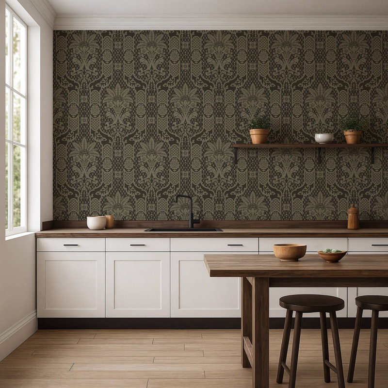 Columnar Bloom - Wallpaper, Faux Grasscloth, Non-Pasted, Black; Tan