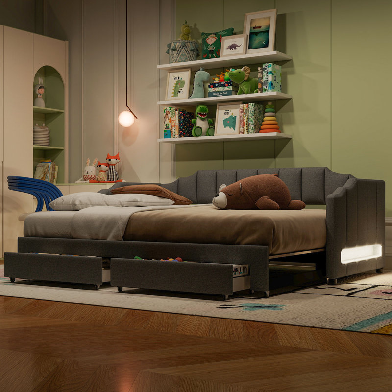 Upholstered Daybed Of Extendable Design With 2 Drawers And Led, Gray