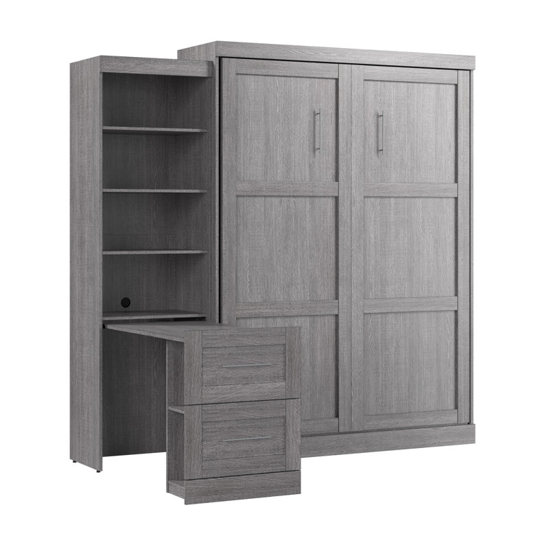 90W Queen Size Murphy Bed With Pull-Out Desk, Bark Gray