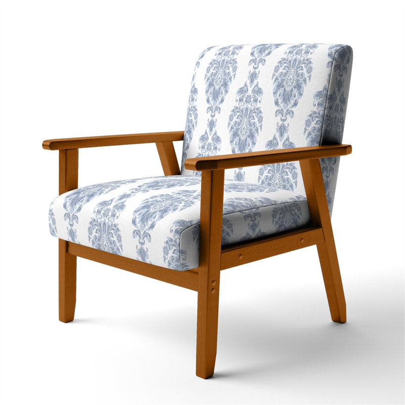 Fauteuil d'appoint rembourré à motif damassé bleu, Accoudoirs carrés bruns