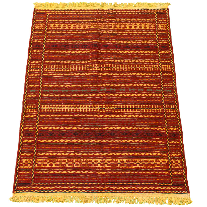 Tapis rouge foncé / jaune en laine fabriqué à la main Kilim